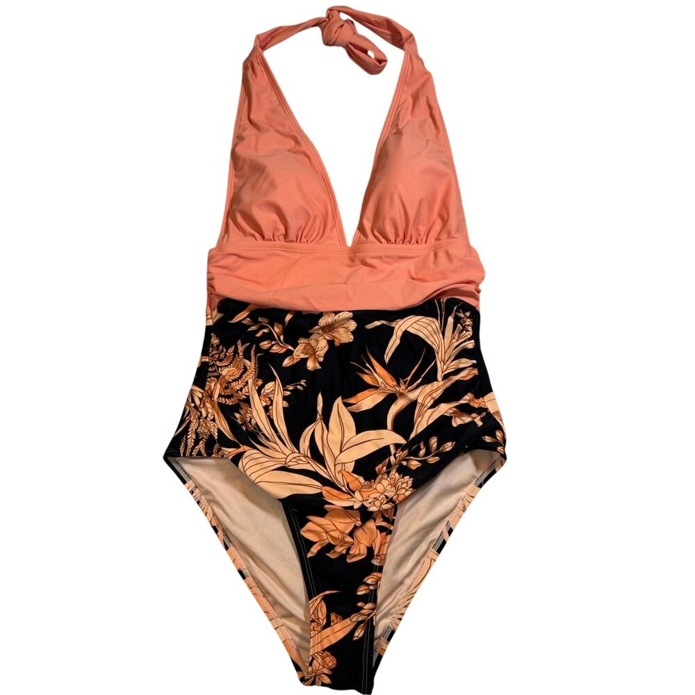 NWOT Tropical Coral + Black Floral One-Piece Swimsuit (Size S)